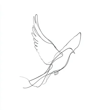 A minimalist one-line drawing portraying a flying dove, with clean continuous line , executed as a minimalist one-line drawing in black ink on a white background, suitable for wall art,in a one-line style , white background, simple