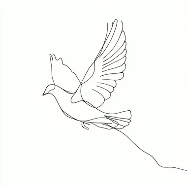 A minimalist one-line drawing portraying a flying dove, with clean continuous line , executed as a minimalist one-line drawing in black ink on a white background, suitable for wall art,in a one-line style , white background, simple