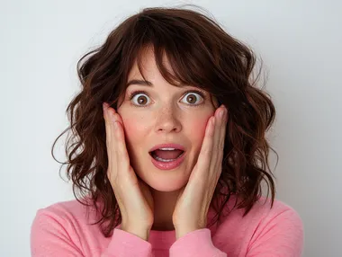 A woman with her hands on the cheeks, looking surprised and excited. She has brown hair and is wearing pink . white background   --s 250