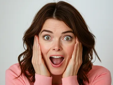 A woman with her hands on the cheeks, looking surprised and excited. She has brown hair and is wearing pink . white background   --s 250