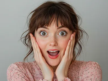 A woman with her hands on the cheeks, looking surprised and excited. She has brown hair and is wearing pink . white background   --s 250