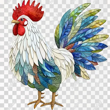 clean edge watercolor graphic of a colorful rooster with a bright red comb, white feathers, and a bold tail in shades of blue and green, standing proudly and exuding a lively and vibrant farmyard presence, contour, no artistic splash and colors, no extra element outside main object, centered on pure white background