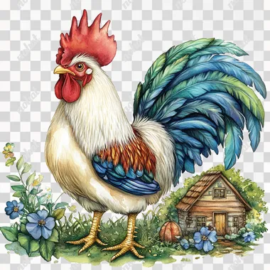clean edge watercolor graphic of a colorful rooster with a bright red comb, white feathers, and a bold tail in shades of blue and green, standing proudly and exuding a lively and vibrant farmyard presence, contour, no artistic splash and colors, no extra element outside main object, centered on pure white background