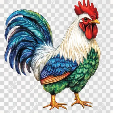 clean edge watercolor graphic of a colorful rooster with a bright red comb, white feathers, and a bold tail in shades of blue and green, standing proudly and exuding a lively and vibrant farmyard presence, contour, no artistic splash and colors, no extra element outside main object, centered on pure white background