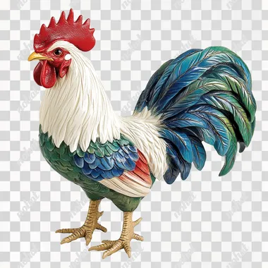 clean edge watercolor graphic of a colorful rooster with a bright red comb, white feathers, and a bold tail in shades of blue and green, standing proudly and exuding a lively and vibrant farmyard presence, contour, no artistic splash and colors, no extra element outside main object, centered on pure white background