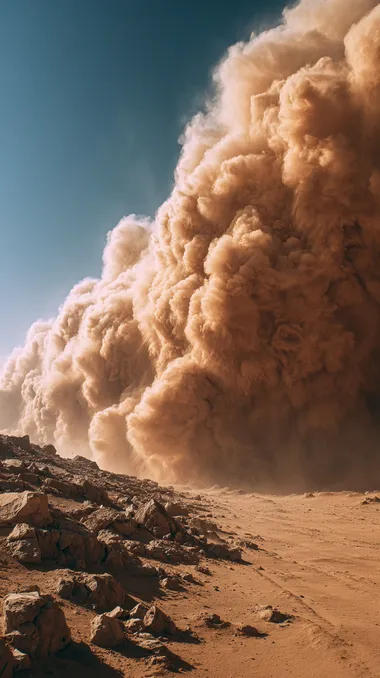 front view of a dangerous sand storm on the desert like big waves of sand and rocks, hyper realistic photography, orange tones, cinematic