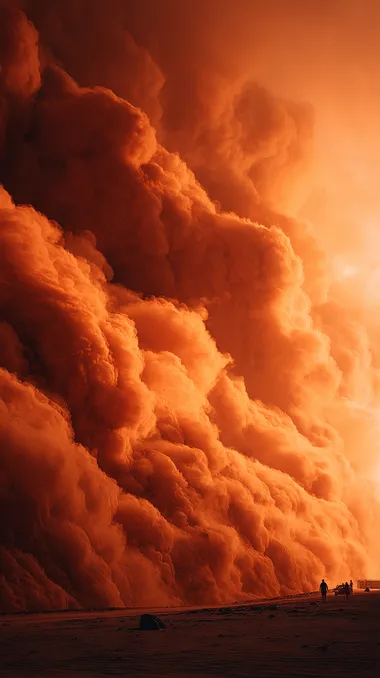 front view of a dangerous sand storm on the desert like big waves of sand and rocks, hyper realistic photography, orange tones, cinematic