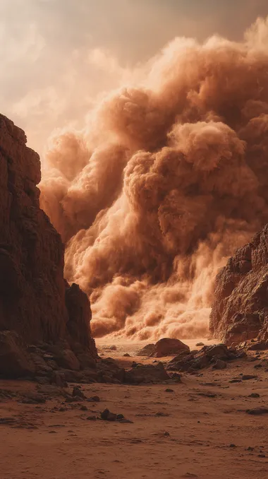 front view of a dangerous sand storm on the desert like big waves of sand and rocks, hyper realistic photography, orange tones, cinematic