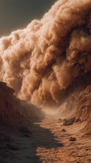 front view of a dangerous sand storm on the desert like big waves of sand and rocks, hyper realistic photography, orange tones, cinematic