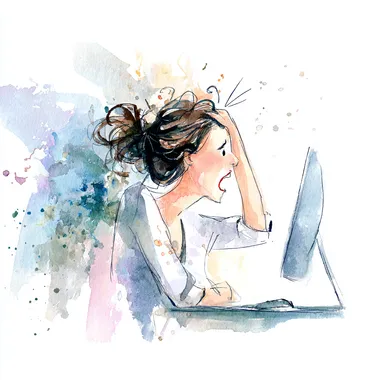 A desperate 40-year-old woman pulls her hair out in despair. She is sitting in front of a computer. exaggerated desperate expression, white background, dreamy, in watercolor   4b65jx3