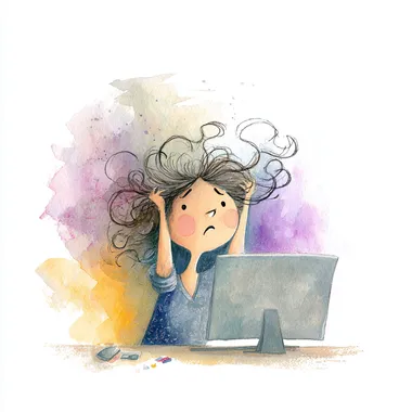 A desperate 40-year-old woman pulls her hair out in despair. She is sitting in front of a computer. exaggerated desperate expression, white background, dreamy, in watercolor   4b65jx3