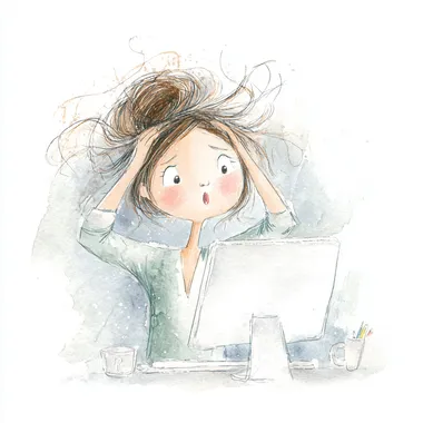 A desperate 40-year-old woman pulls her hair out in despair. She is sitting in front of a computer. exaggerated desperate expression, white background, dreamy, in watercolor   4b65jx3