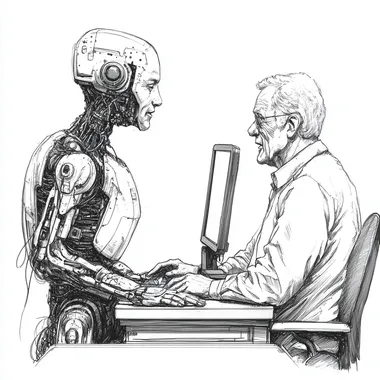 a simple picture in pencil style depicting a older employee conversing with an AI system.