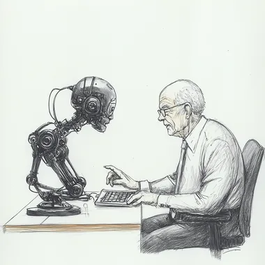 a simple picture in pencil style depicting a older employee conversing with an AI system.