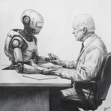 a simple picture in pencil style depicting a older employee conversing with an AI system.