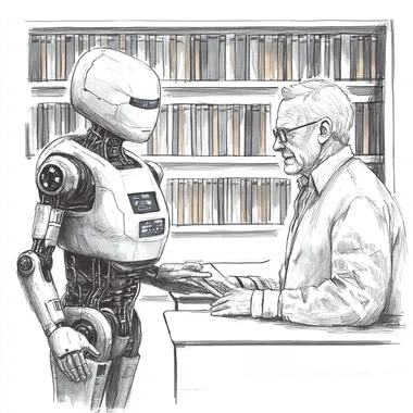 a simple picture in pencil style depicting a older employee conversing with an AI system.