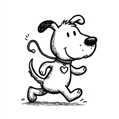 A simple line drawing of a cartoon dog with a collar and lead, running with a happy face, a heart-shaped patch on its chest, in a minimalistic style with simple lines and shapes. A cute character design on a white background, in monochrome with no shadows or shading, a thick black outline, and minimal details, embodying a minimalist aesthetic. rofile rwwsgr5