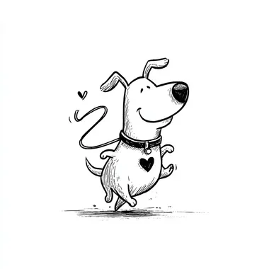 A simple line drawing of a cartoon dog with a collar and lead, running with a happy face, a heart-shaped patch on its chest, in a minimalistic style with simple lines and shapes. A cute character design on a white background, in monochrome with no shadows or shading, a thick black outline, and minimal details, embodying a minimalist aesthetic. rofile rwwsgr5