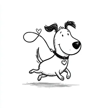 A simple line drawing of a cartoon dog with a collar and lead, running with a happy face, a heart-shaped patch on its chest, in a minimalistic style with simple lines and shapes. A cute character design on a white background, in monochrome with no shadows or shading, a thick black outline, and minimal details, embodying a minimalist aesthetic. rofile rwwsgr5