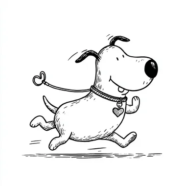 A simple line drawing of a cartoon dog with a collar and lead, running with a happy face, a heart-shaped patch on its chest, in a minimalistic style with simple lines and shapes. A cute character design on a white background, in monochrome with no shadows or shading, a thick black outline, and minimal details, embodying a minimalist aesthetic. rofile rwwsgr5