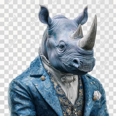 a blue rhino at a wedding, fancy clothes, white background, 4k, photorealistic