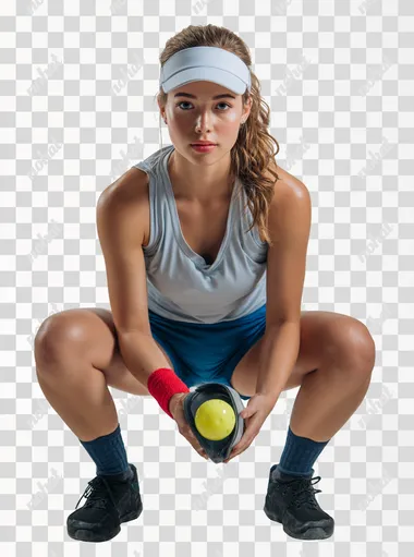 a dramatic photoshoot of a pickleball player posing for the camera with white background