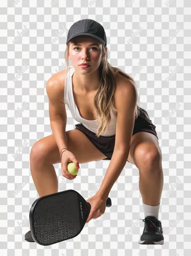 a dramatic photoshoot of a pickleball player posing for the camera with white background