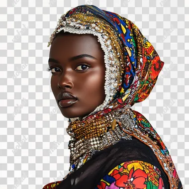 portrait of black model in tradition african clothing on white background