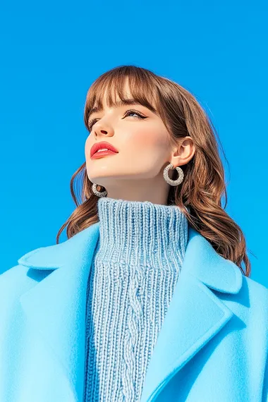 Stock image of a model wearing a pastel blue (#EDF3F7) coat over a soft blue-gray (#6E8494) sweater, posing against a light sky-blue (#D7E3EB) background.   rofile 6pmzbe6