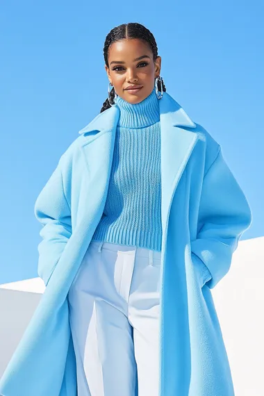 Stock image of a model wearing a pastel blue (#EDF3F7) coat over a soft blue-gray (#6E8494) sweater, posing against a light sky-blue (#D7E3EB) background.   rofile 6pmzbe6