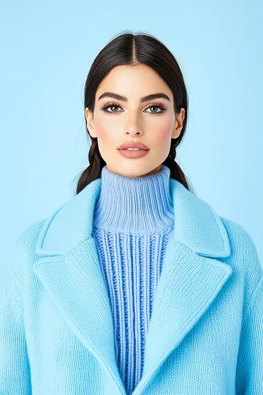 Stock image of a model wearing a pastel blue (#EDF3F7) coat over a soft blue-gray (#6E8494) sweater, posing against a light sky-blue (#D7E3EB) background.   rofile 6pmzbe6