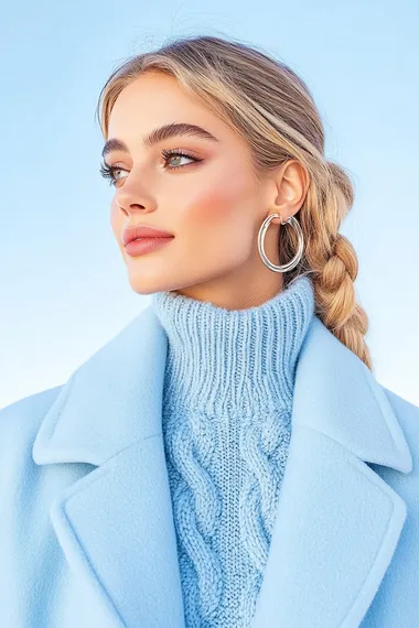 Stock image of a model wearing a pastel blue (#EDF3F7) coat over a soft blue-gray (#6E8494) sweater, posing against a light sky-blue (#D7E3EB) background.   rofile 6pmzbe6
