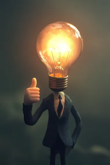 animation style.A man with a glowing, illuminated light bulb as a head. The figure raises one hand, giving a thumbs-up gesture. The lighting emphasizes the warm glow of the bulb, casting soft reflections on the surroundings. The background is subtle and slightly blurred, enhancing the focus on the unique and surreal character