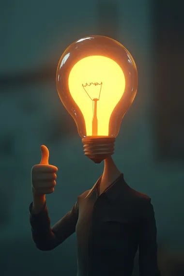 animation style.A man with a glowing, illuminated light bulb as a head. The figure raises one hand, giving a thumbs-up gesture. The lighting emphasizes the warm glow of the bulb, casting soft reflections on the surroundings. The background is subtle and slightly blurred, enhancing the focus on the unique and surreal character