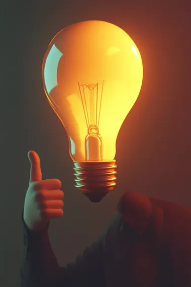 animation style.A man with a glowing, illuminated light bulb as a head. The figure raises one hand, giving a thumbs-up gesture. The lighting emphasizes the warm glow of the bulb, casting soft reflections on the surroundings. The background is subtle and slightly blurred, enhancing the focus on the unique and surreal character
