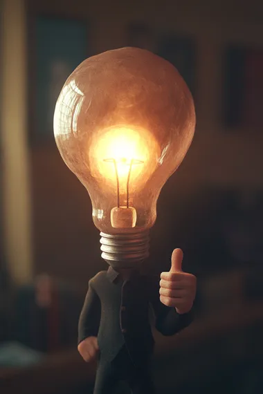 animation style.A man with a glowing, illuminated light bulb as a head. The figure raises one hand, giving a thumbs-up gesture. The lighting emphasizes the warm glow of the bulb, casting soft reflections on the surroundings. The background is subtle and slightly blurred, enhancing the focus on the unique and surreal character