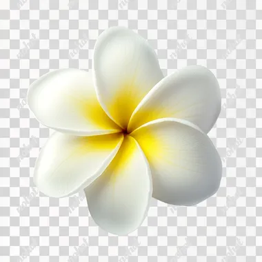 A single Frangipani flower in full bloom, delicate petals with soft gradients of white and yellow, highly detailed and sharp focus, set against a clean, pure white background, studio photography style, soft natural lighting, ultra-high resolution