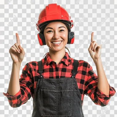 A photograph of a smiling 40 years old woman in construction-grade, used dark overalls from thick fabric, with a red construction helmet on her head, construction earphones resting on her neck, red and black checkered shirt underneath. She is holding up hands up with pointing fingers up. white background, The style is realistic photography, with high resolution, high detail, and a raw aesthetic. under studio lighting that creates soft shadows. white background, The image has been professionally color-graded, and was shot using a Sony A7 III camera