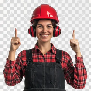 A photograph of a smiling 40 years old woman in construction-grade, used dark overalls from thick fabric, with a red construction helmet on her head, construction earphones resting on her neck, red and black checkered shirt underneath. She is holding up hands up with pointing fingers up. white background, The style is realistic photography, with high resolution, high detail, and a raw aesthetic. under studio lighting that creates soft shadows. white background, The image has been professionally color-graded, and was shot using a Sony A7 III camera