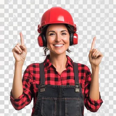 A photograph of a smiling 40 years old woman in construction-grade, used dark overalls from thick fabric, with a red construction helmet on her head, construction earphones resting on her neck, red and black checkered shirt underneath. She is holding up hands up with pointing fingers up. white background, The style is realistic photography, with high resolution, high detail, and a raw aesthetic. under studio lighting that creates soft shadows. white background, The image has been professionally color-graded, and was shot using a Sony A7 III camera