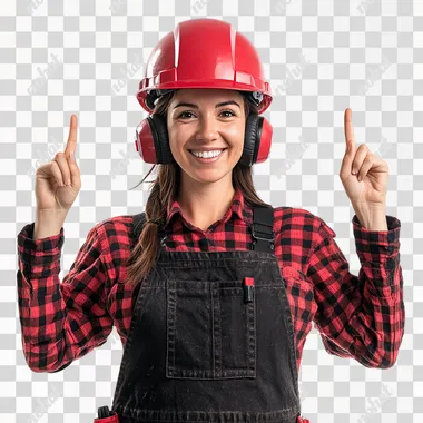 A photograph of a smiling 40 years old woman in construction-grade, used dark overalls from thick fabric, with a red construction helmet on her head, construction earphones resting on her neck, red and black checkered shirt underneath. She is holding up hands up with pointing fingers up. white background, The style is realistic photography, with high resolution, high detail, and a raw aesthetic. under studio lighting that creates soft shadows. white background, The image has been professionally color-graded, and was shot using a Sony A7 III camera