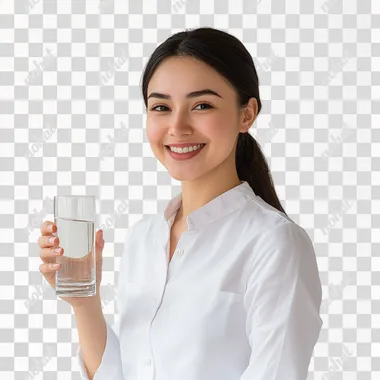 Happy Kazakh young woman holding a glass of water, white background, soft lighting, bright and clean atmosphere, hyper realistic