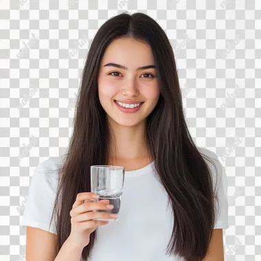Happy Kazakh young woman holding a glass of water, white background, soft lighting, bright and clean atmosphere, hyper realistic