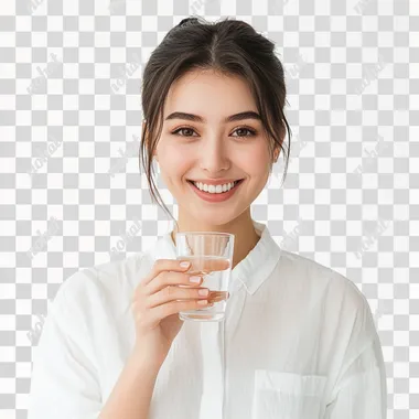 Happy Kazakh young woman holding a glass of water, white background, soft lighting, bright and clean atmosphere, hyper realistic