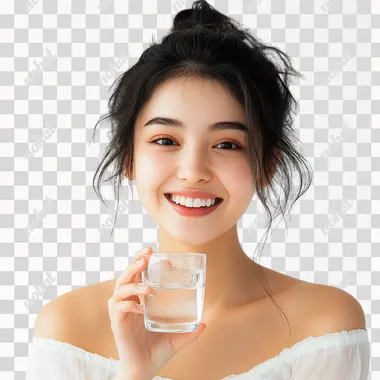 Happy Kazakh young woman holding a glass of water, white background, soft lighting, bright and clean atmosphere, hyper realistic