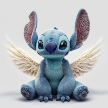 Disney's Stitch From a realistic movie, he sits on a white background. He has beautiful angel wings. sunlight is shining on it. It's a movie. the film photo effect