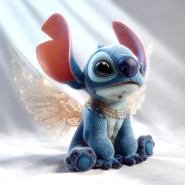 Disney's Stitch From a realistic movie, he sits on a white background. He has beautiful angel wings. sunlight is shining on it. It's a movie. the film photo effect