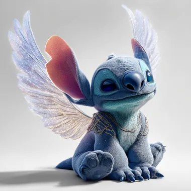 Disney's Stitch From a realistic movie, he sits on a white background. He has beautiful angel wings. sunlight is shining on it. It's a movie. the film photo effect