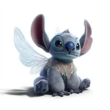 Disney's Stitch From a realistic movie, he sits on a white background. He has beautiful angel wings. sunlight is shining on it. It's a movie. the film photo effect
