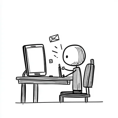 A stick figure at a desk with a giant phone hovering nearby, throwing notifications at them. The figure aggressively presses a mute button, and the phone disappears, leaving them in peaceful focus, white and black stick figure, minimalist,white background, line art